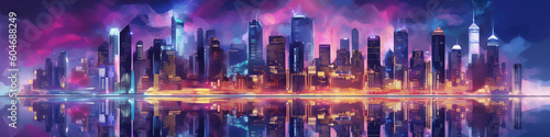 Skyline with neon colored city at night. Cityscape with reflection in river. Futuristic cyberpank banner with colorful skyscrapers. Created with Generative AI © Lazy_Bear
