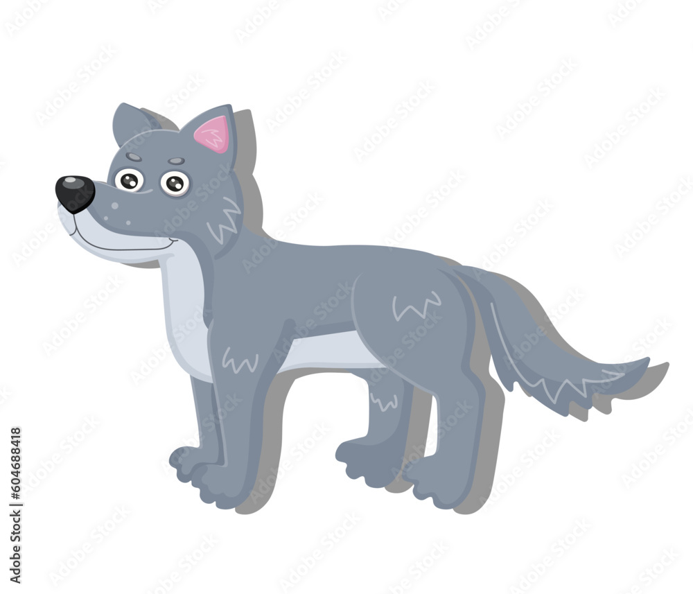 Woodland gray wolf animal. Cute forest wildlife grey kind wolf character. Perfect for scrapbooking, card, poster, sticker kit. Children educational banner. Fauna image for kid. Vector illustration