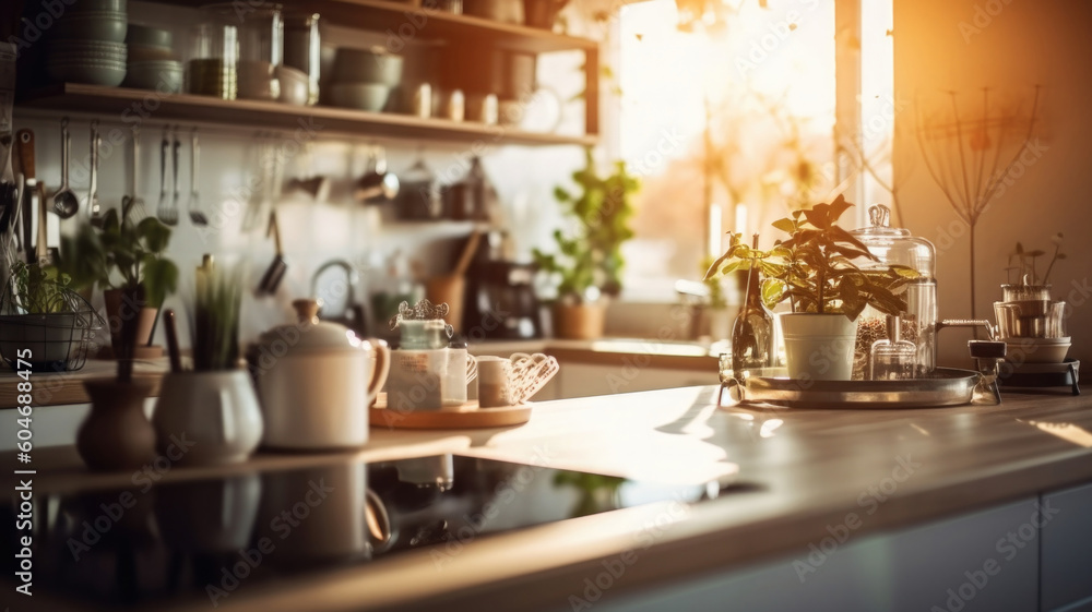 Kitchen wooden table top with breakfast at morning time. Scandinavian style vintage kitchen interior. Created with Generative AI