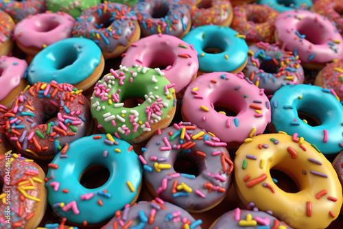 Assorted delicious glazed donuts. Background with doughnuts with chocolate frosted, colorful glazed and sprinkles. Traditional sweet snacks. Created with Generative AI