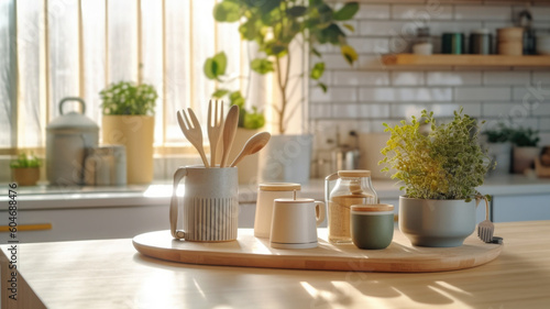 Kitchen wooden table top with breakfast at morning time. Scandinavian style vintage kitchen interior. Created with Generative AI © Lazy_Bear