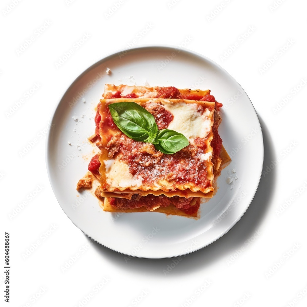 Delicious Plate of Beef Lasagna with Tomato Sauce on a White Background Generative AI Delicious Plate of Beef Lasagna with Tomato Sauce on a White Background Generative AI