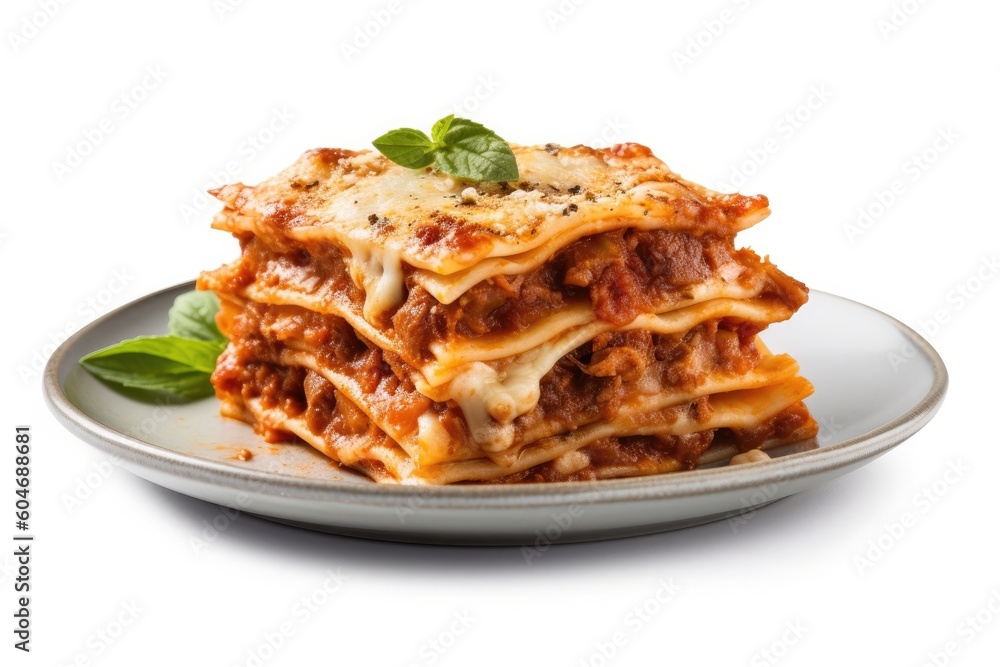 Delicious Plate of Beef Lasagna with Tomato Sauce on a White Background Generative AI Delicious Plate of Beef Lasagna with Tomato Sauce on a White Background Generative AI