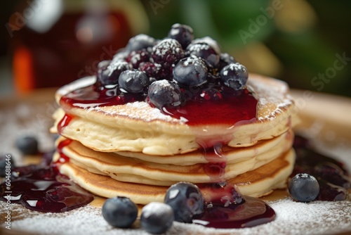 Generative AI warm pancake with blueberry syrup Food Photography