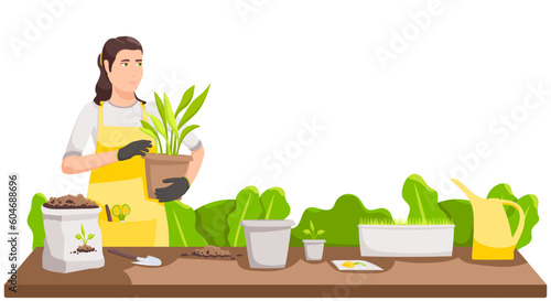 Houseplants shop with florist woman isolated on white background. Young girl florist works in floral store and selling plants. Home gardening or growing flowers hobby. Vector illustration