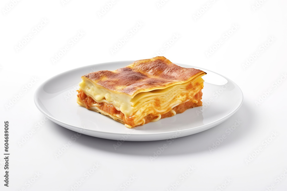 lasagna piece plate with minced meat and melted cheese close-up on white background, generative AI