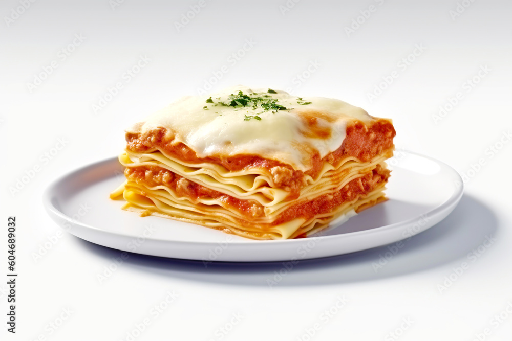 lasagna piece plate with minced meat and melted cheese close-up on white background, generative AI lasagna piece plate with minced meat and melted cheese close-up on white background, generative AI