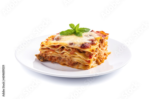 lasagna piece plate with minced meat and melted cheese close-up on white background, generative AI