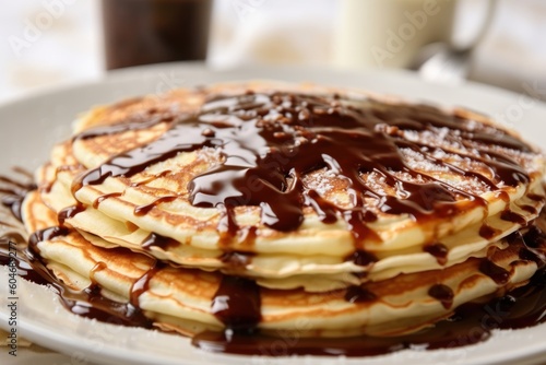 Generative AI warm pancake with chocolate syrup Food Photography © MeyKitchen