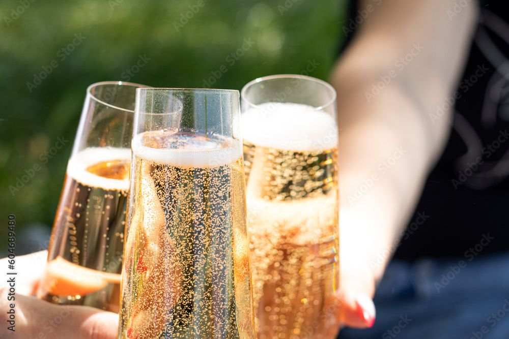 aesthetics glass at a picnic. sparkling champagne glasses. Three full