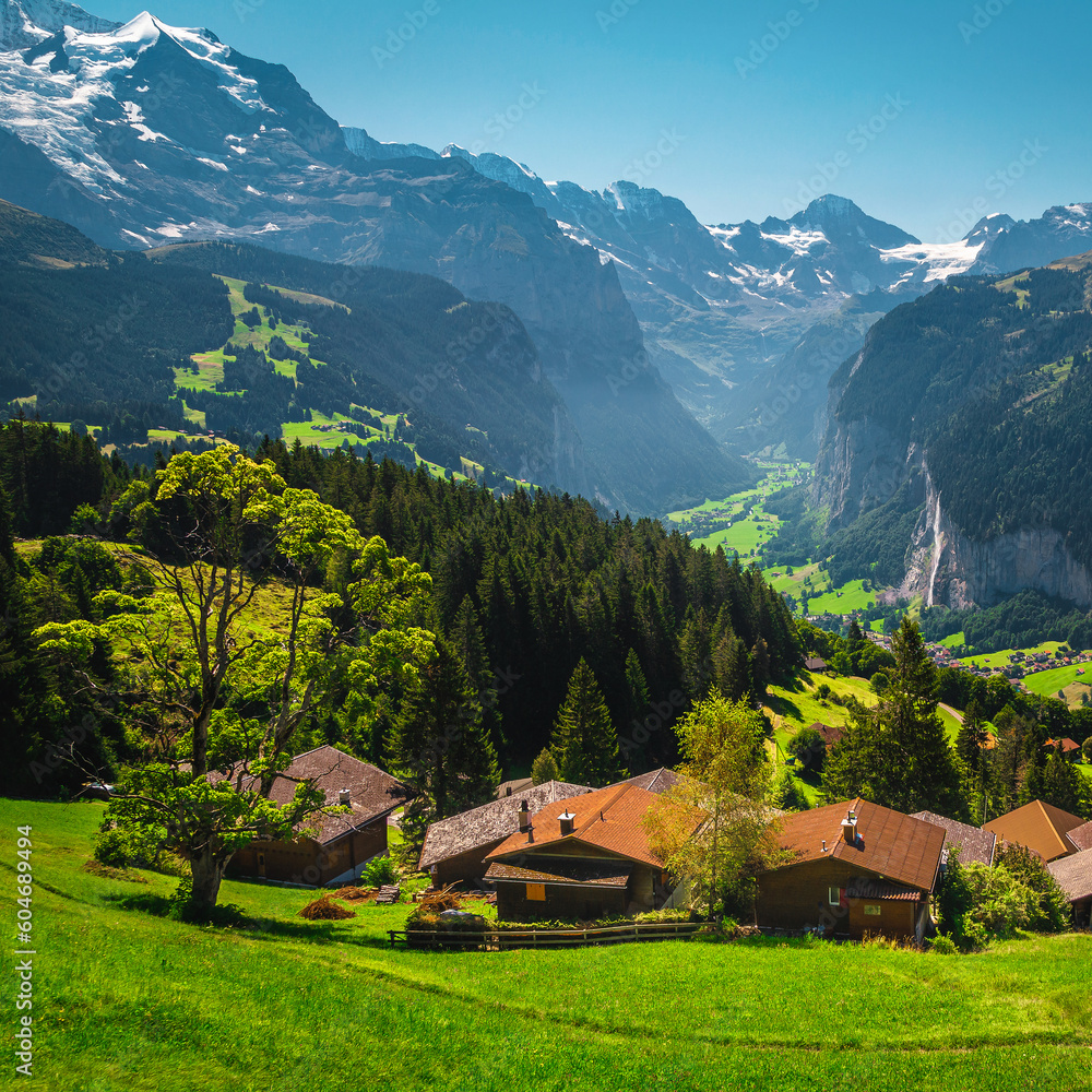 Houses on the slope with beautiful view, Lauterbrunnen valley, Switzerland