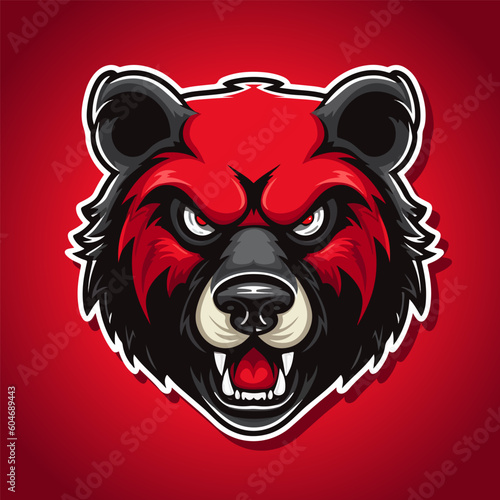 Angry Bear Head Mascot Logo in red palette. Vector Illustration Design Concept.