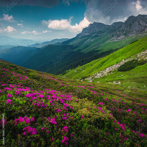 Blooming fragrant pink rhododendron flowers in the mountains, Carpathians, Romania