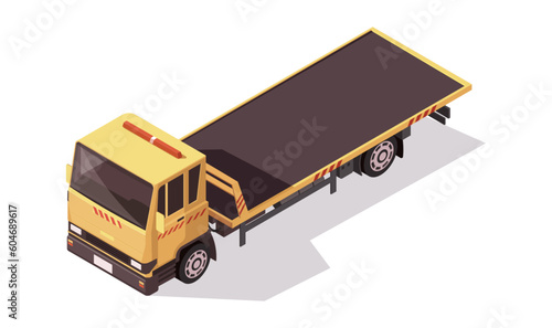 Vehicle roadside assistance concepts in 3d isometric design. Tow truck flatbed with a winch to move disabled, improperly parked, damaged cars. Yellow wrecker breakdown lorry. Vector illustration