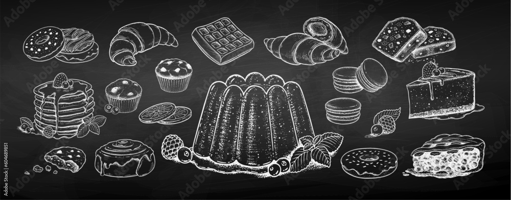 Vector chalk sketchy illustrations set of desserts and sweet food on chalkboard background Vector chalk sketchy illustrations set of desserts and sweet food on chalkboard background