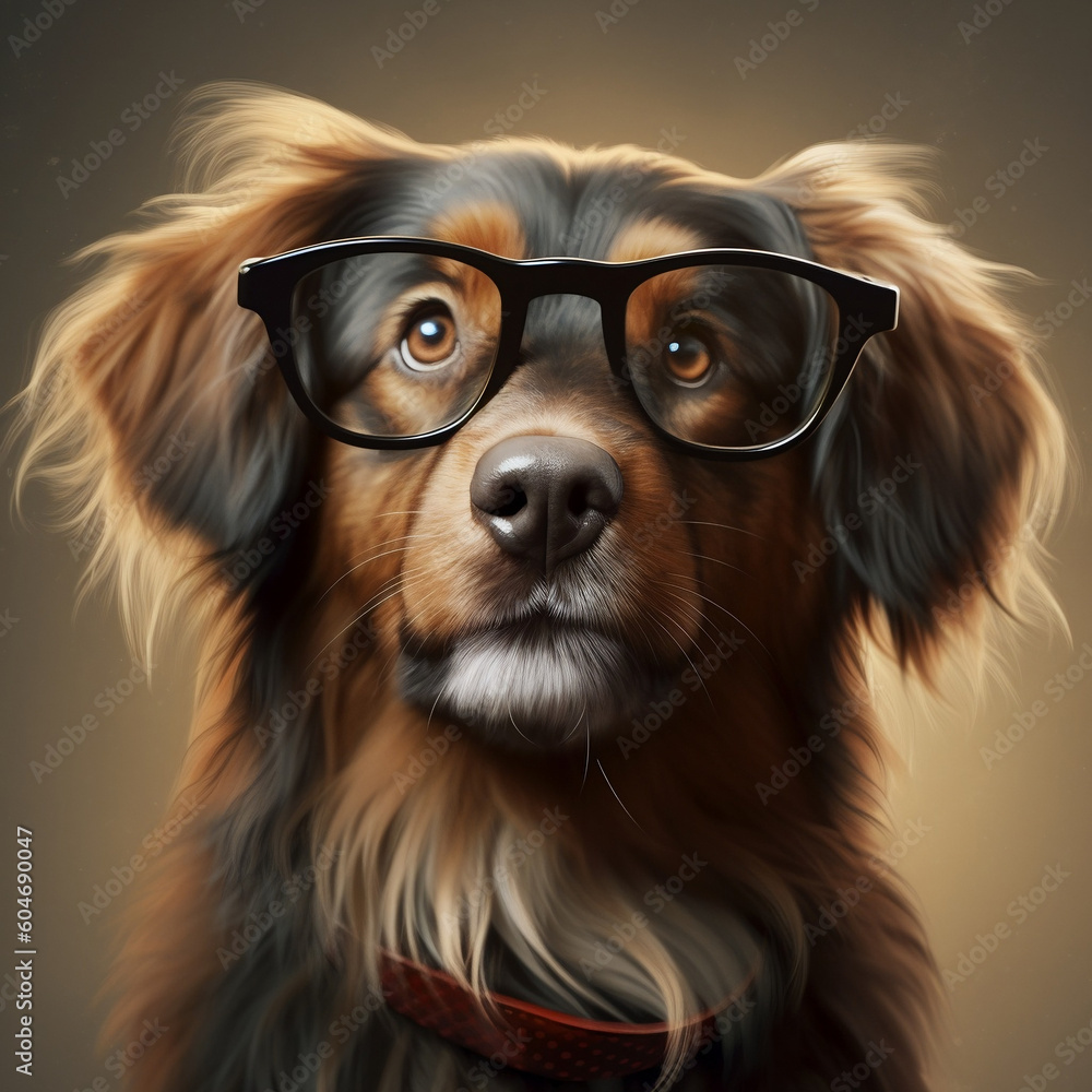 Smart and stylish dog wearing glasses. Pastel background. Generative AI.