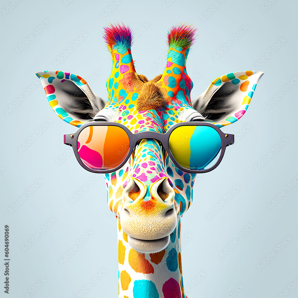 Cartoon colorful giraffe with sunglasses on isolated background. Created with generative ai - obrazy, fototapety, plakaty 