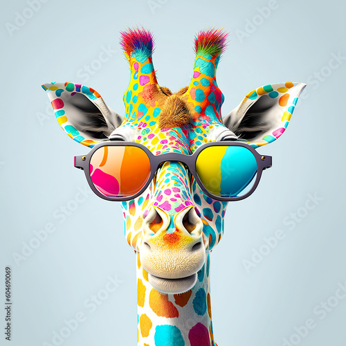 Cartoon colorful giraffe with sunglasses on isolated background. Created with generative ai photo