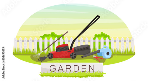 Backyard garden set with lawn mower and electric blower. Rake and secateurs near white country fence on background. Gardening equipment for making beautiful lawn. Colorful skyline. Vector illustration