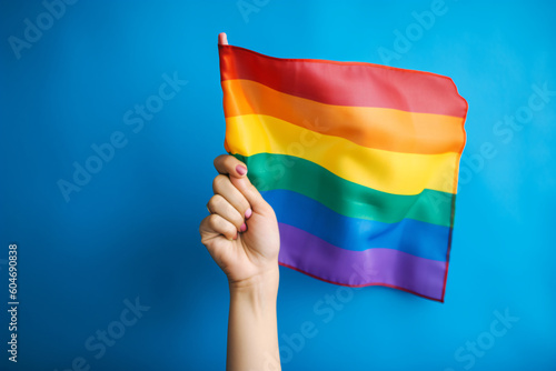 Vibrant shot of female hand holding rainbow flag at blue background as symbol for pride month lgbtq made with Generative AI