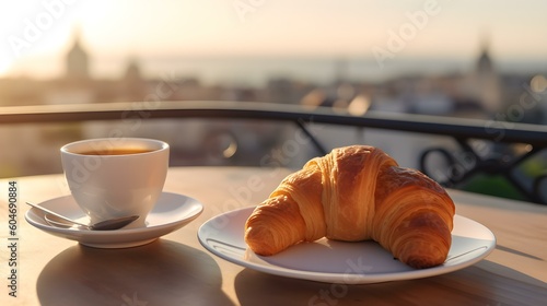 Balcony View of a Cup of Coffee and French Croissaints 