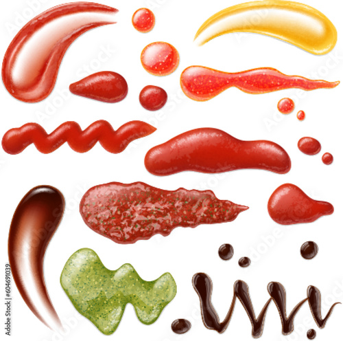 Sauces stripes and drops, realistic ketchup, mayonnaise and mustard. Chili with spices, isolated soy sauce. Food toppings pithy vector collection