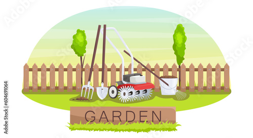 Backyard garden set with cultivator, shovel and pitchfork. Brown country fence on background. Gardening equipment for yard lawn. Female and male summer village hobby sticker. Vector illustration