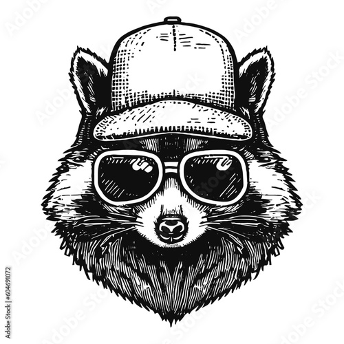 cool raccoon wearing sunglasses and cap vector sketch photo