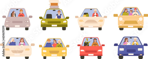 People driving cars front view. Alone at road, isolated family and couples in cars. Friends ride, young and adults drivers snugly vector clipart