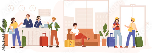 Hotel reception, help desk or lobby. Businessman and travellers in hall, check in and check out. Managers at desk, visitors with luggage snugly vector scene