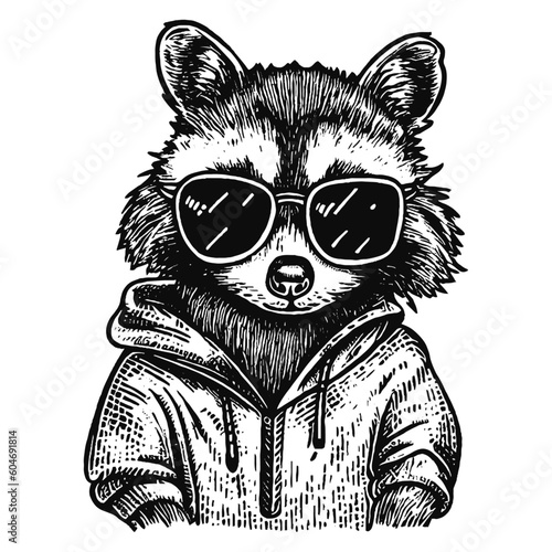 cool raccoon wearing sunglasses and hoodie vector sketch
