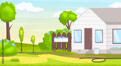 Ranch garden scenery, summer nature with country house. Yard with green trees and brown fence. Farm house backyard cartoon landscape. Village summer architecture white color home. Vector illustration