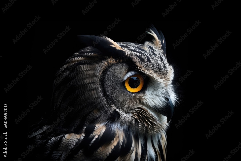 Close up of an owl's face. Generative AI Close up of an owl's face. Generative AI