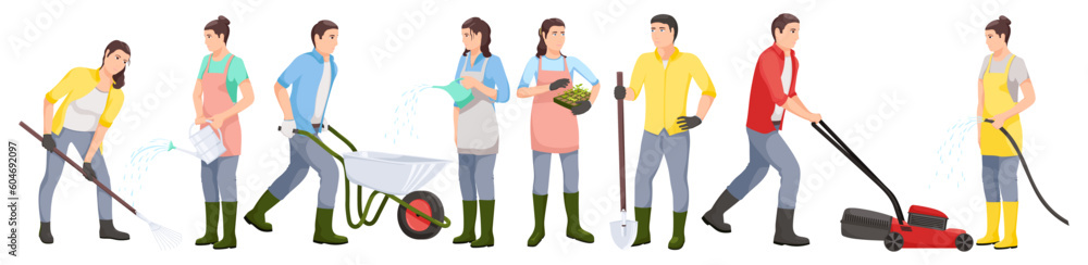 Set of people hobby of farming, rural life, gardening, agriculture. Group of men and women agricultural workers stay together isolated on white background. Village Rural lifestyle. Vector illustration Set of people hobby of farming, rural life, gardening, agriculture. Group of men and women agricultural workers stay together isolated on white background. Village Rural lifestyle. Vector illustration