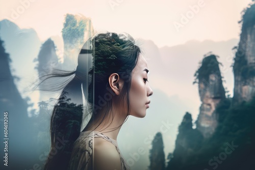 Double exposure face of Asian woman with Zhang jia jie mountain. distinct generative AI image. photo