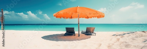 umbrella and deck chair on the sand on the beach on a sunny day .tiltshift. banner .concept travel tourism and vacation .Generative AI