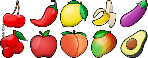 set of fruits and vegetables icon logos. vector illustration of a banana, grape, berries, avocado, peach, mango, apple, chilli pepper, lemon, cherry, eggplant in emoticon style for stickers emblem