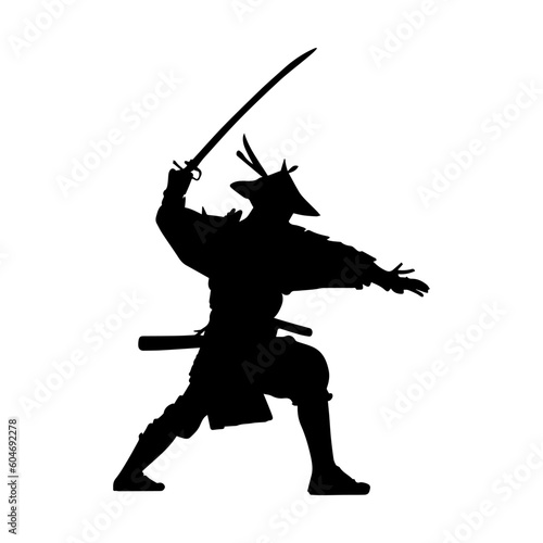 Vector illustration. Silhouette of a Japanese samurai swordsman with a katana in his hand.