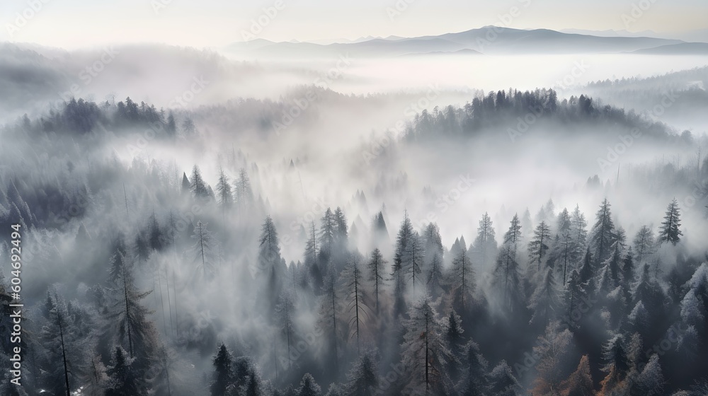 Aerial View of a foggy Forest in Winter
