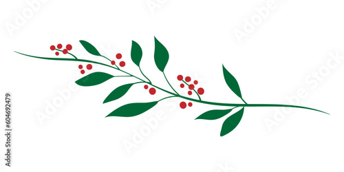 Christmas decorative branch with green leaves and red berries. For New Year's holidays. Winter decorations and text dividers elements for design of postcards or congratulations