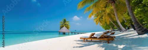 Turquoise sea, sun loungers, White sand and palm trees, Sun, very beautiful nature. banner, copyspace .generative AI © Margo_Alexa