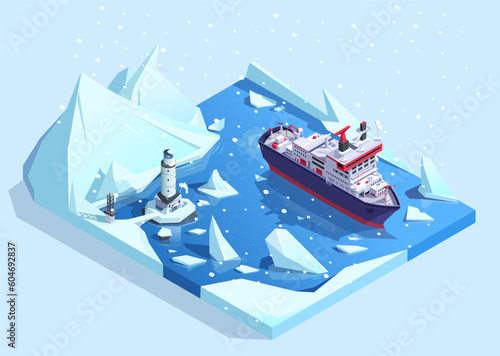 Icebreaker vessel in arctic ocean create northern cargo way. Nuclear powered industrial ship sailing in Antarctica. Navigation lighthouse in snowy weather. Winter nautical travel. Vector illustration