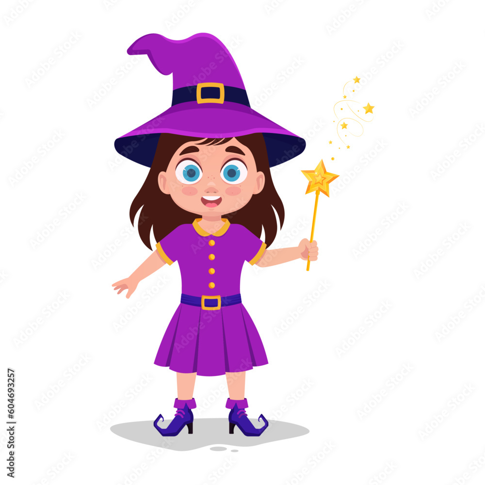 Cute child in a witch costume with a magic wand Cute child in a witch costume with a magic wand
