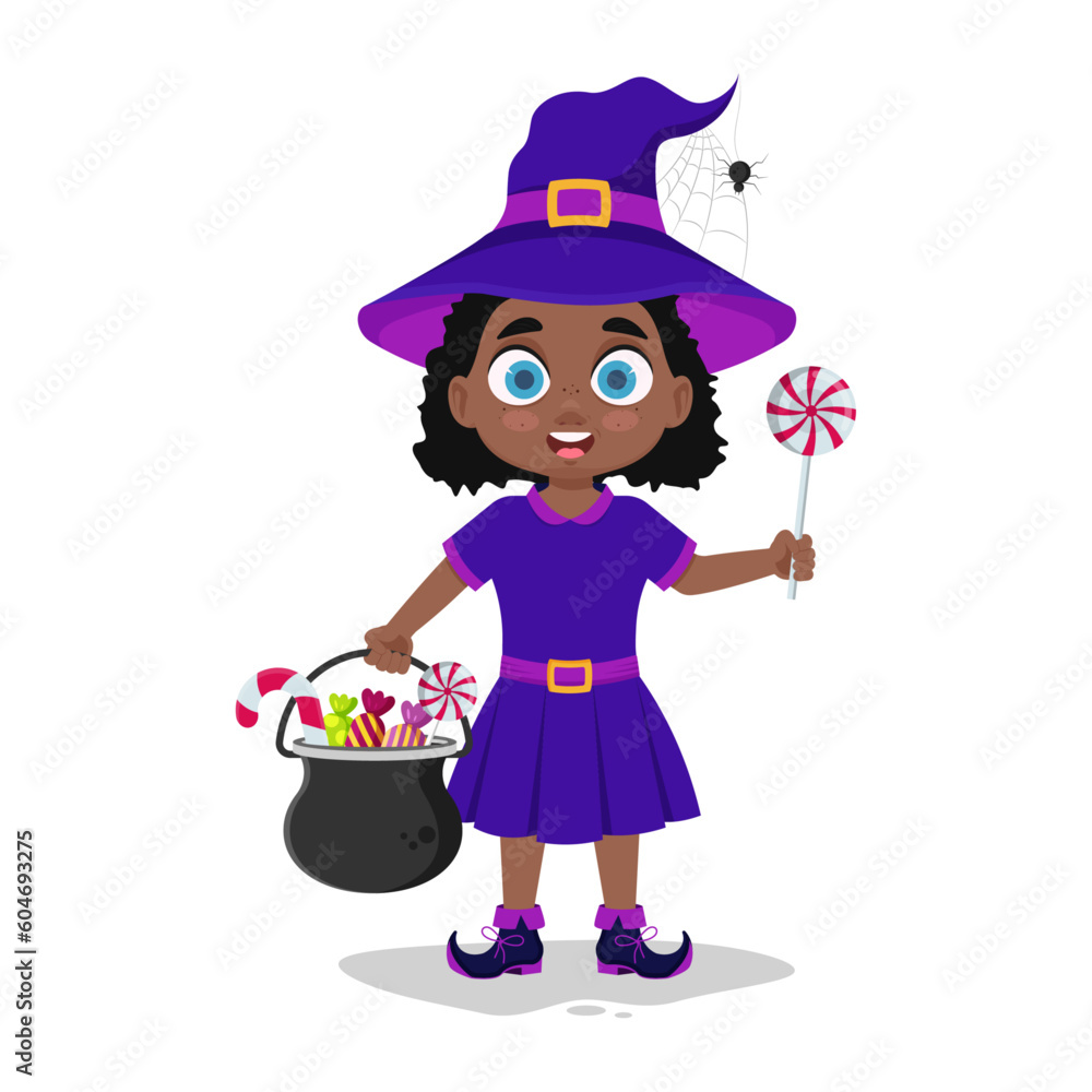 Girl dressed as a witch with a bag full of candy Girl dressed as a witch with a bag full of candy