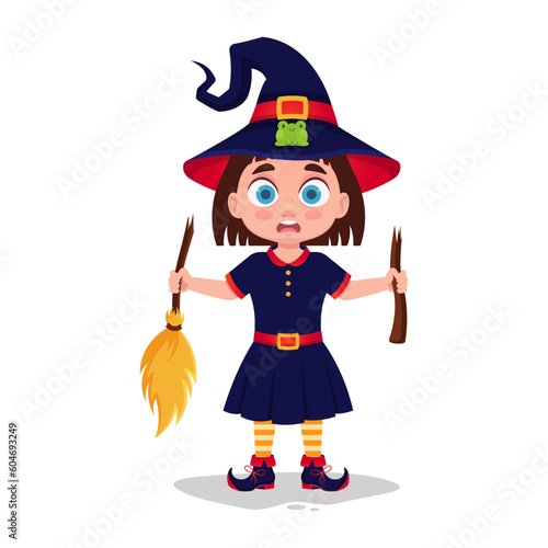 Cute little girl in a witch costume holding a broken broom