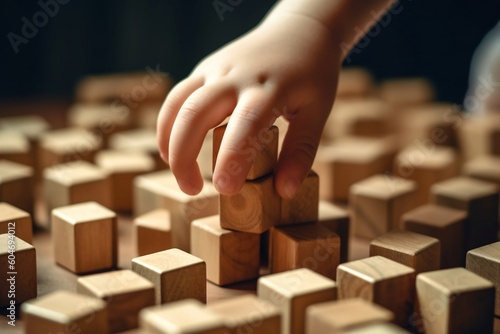 Child's Hand Engages with Wooden Cubes in Play. AI