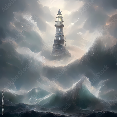 Lighthouse in the moddle of a storm in the middle of the sea, during a thunderstorm, light comming through, huge vwaves photo