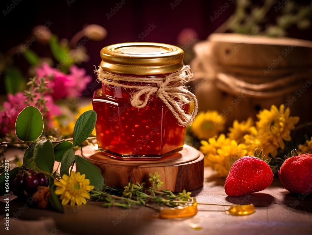 Natural Delight: Jar of pure, organic honey amidst a backdrop of fresh fruits and herbs Natural Delight: Jar of pure, organic honey amidst a backdrop of fresh fruits and herbs