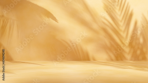 Room empty background with palm leafs shadows stage podium for design and products sunlights and shadows