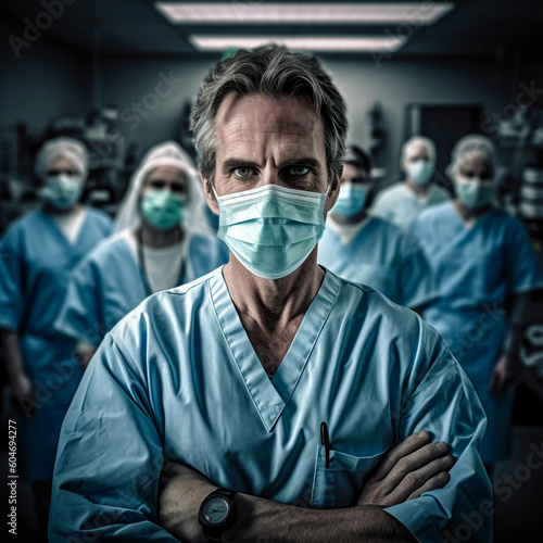 Masked male doctor looking at the camera. In the background are lots of other doctors and hospital. Created with Generative AI Technology